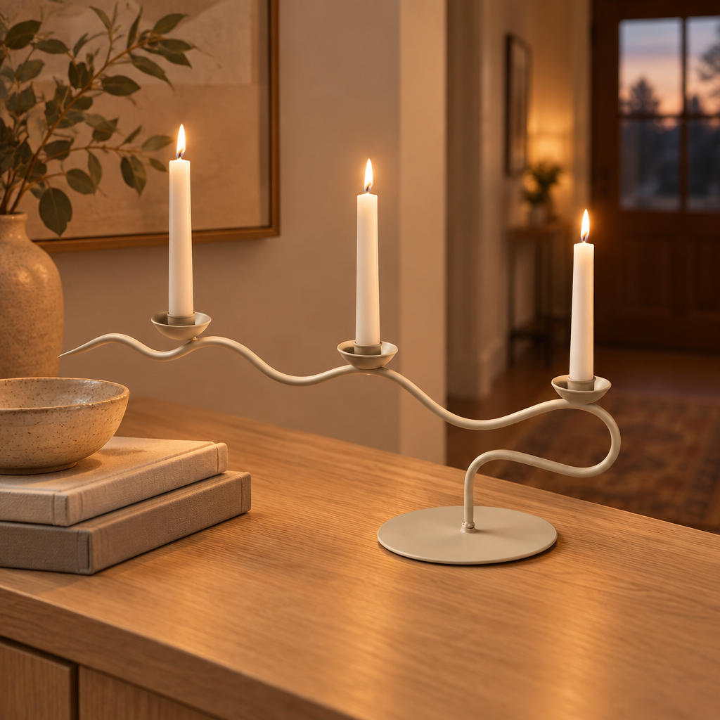 Cream Waves wavy taper candelabra on an oak console table in an entryway at dusk