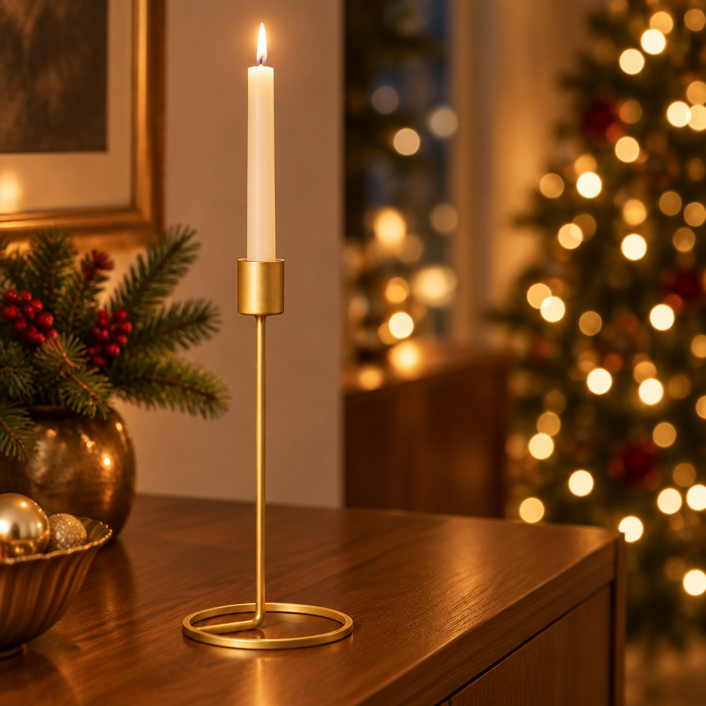 Large gold candlestick with a lit taper on a sideboard beside a Christmas tree