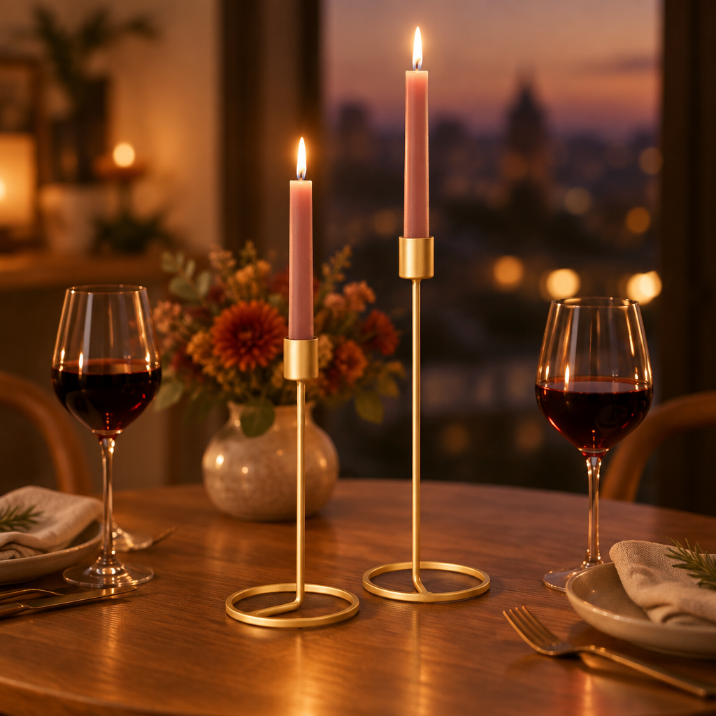 Gold taper candlesticks with rose tapers on a candlelit dinner table for two