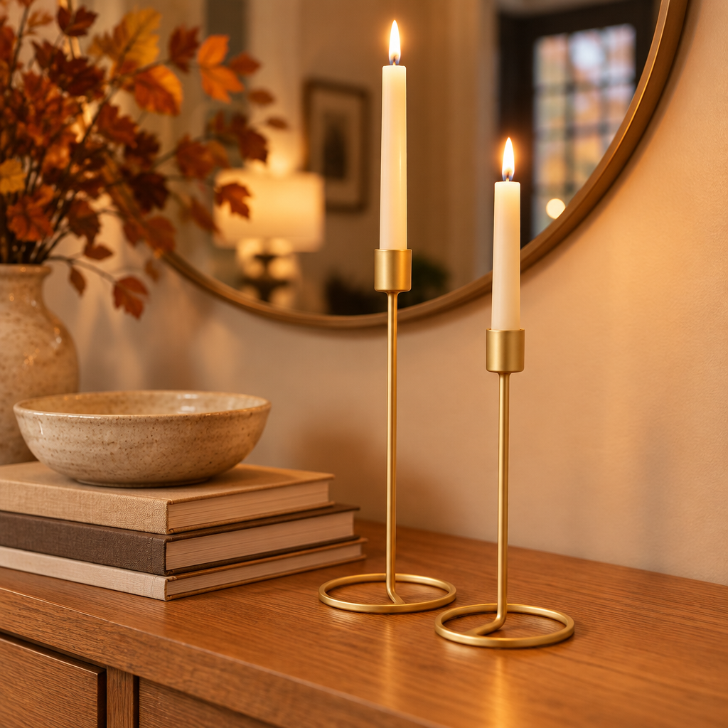 Gold taper candlesticks on an oak entryway console table with books