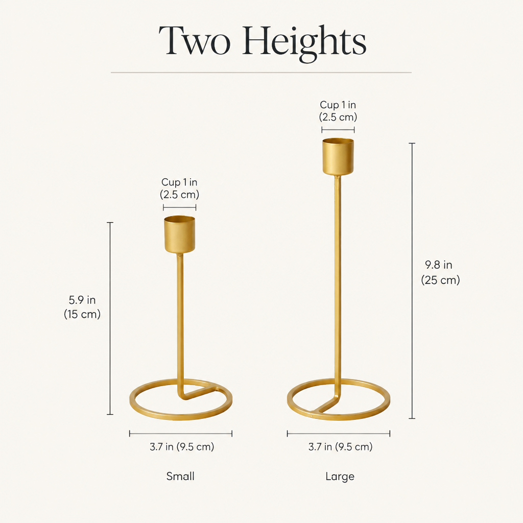 Gold candlestick dimensions: Small 5.9 in, Large 9.8 in tall, 3.7 in ring base