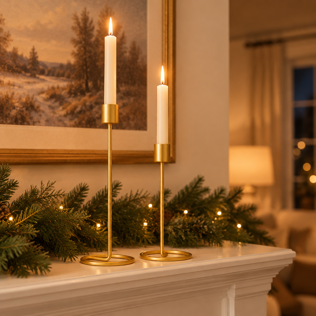 Large and small gold candlesticks with lit tapers on a fireplace mantel with garland