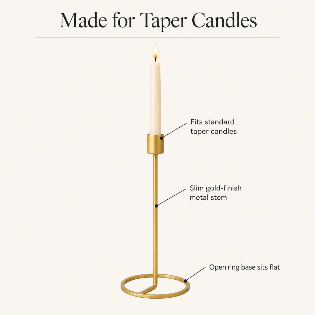 Gold taper candlestick features: taper cup, slim metal stem, open ring base