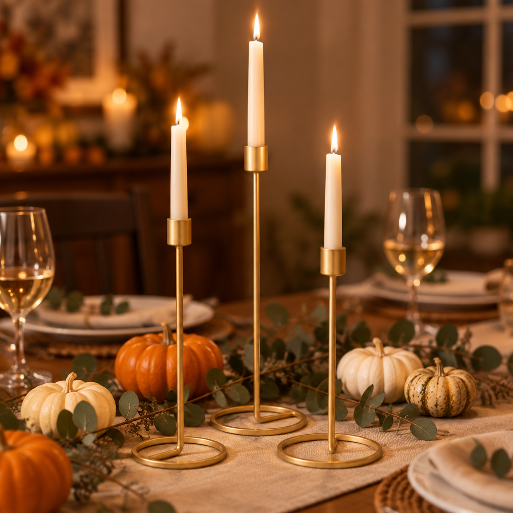 Gold taper candlesticks as a Thanksgiving dinner table centrepiece with pumpkins