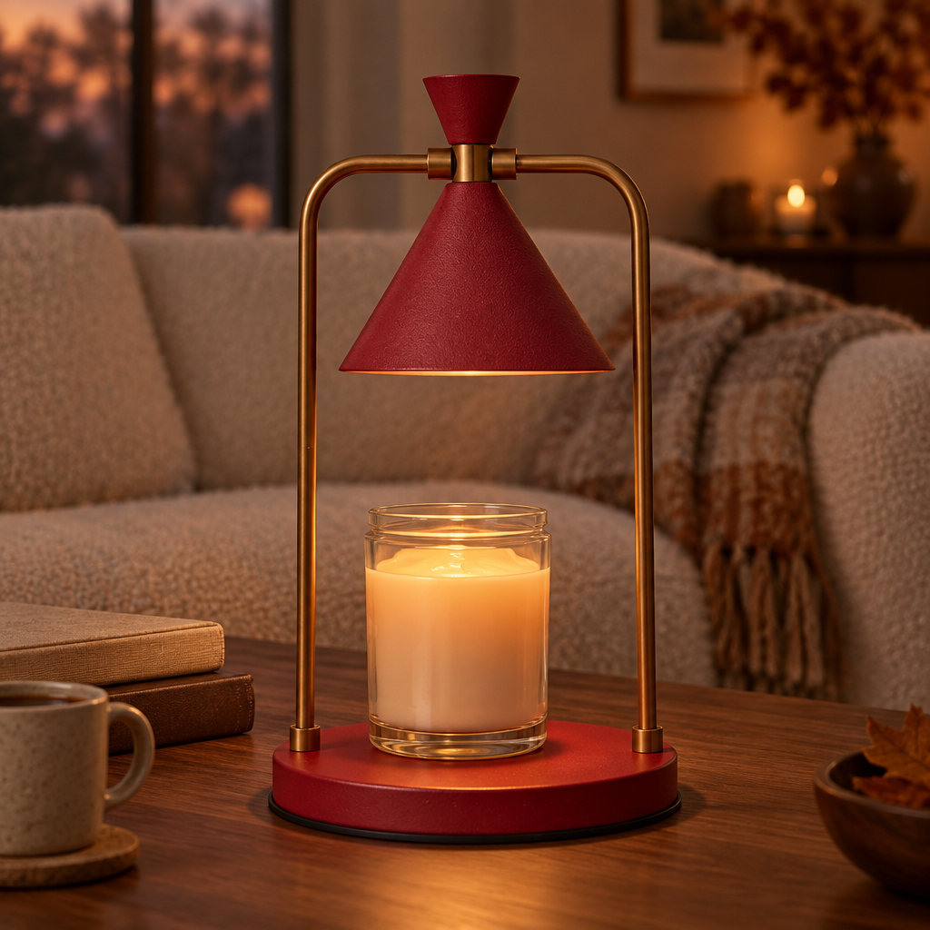 Crimson Bronze candle warmer lamp on a coffee table in a cosy autumn living room