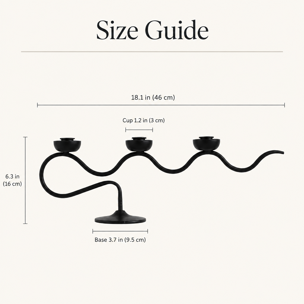 Tri Iron Twisted Candle Holder size guide: 18.1 in wide, 6.3 in tall, 3.7 in base