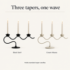 Tri Iron Twisted Candle Holder in Black Swirl and Cream Waves, holds standard taper candles