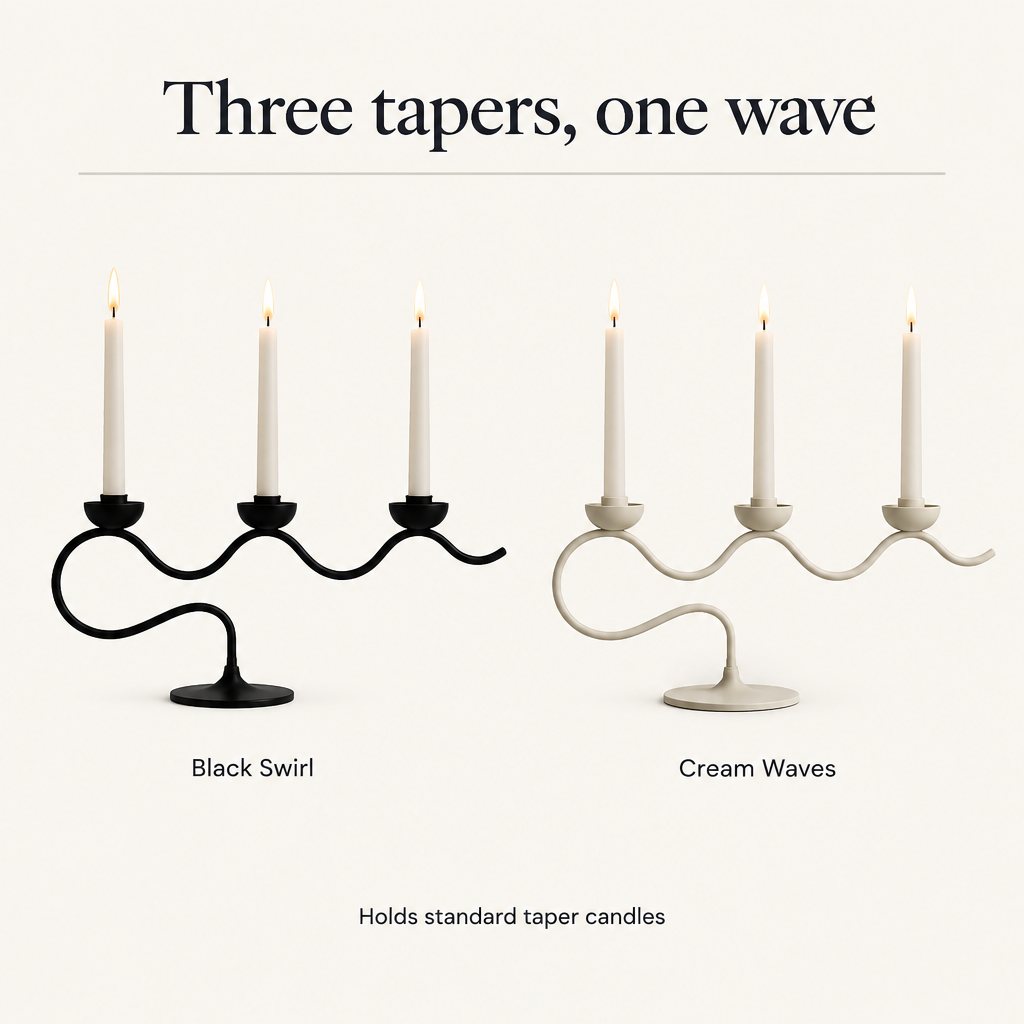 Tri Iron Twisted Candle Holder in Black Swirl and Cream Waves, holds standard taper candles
