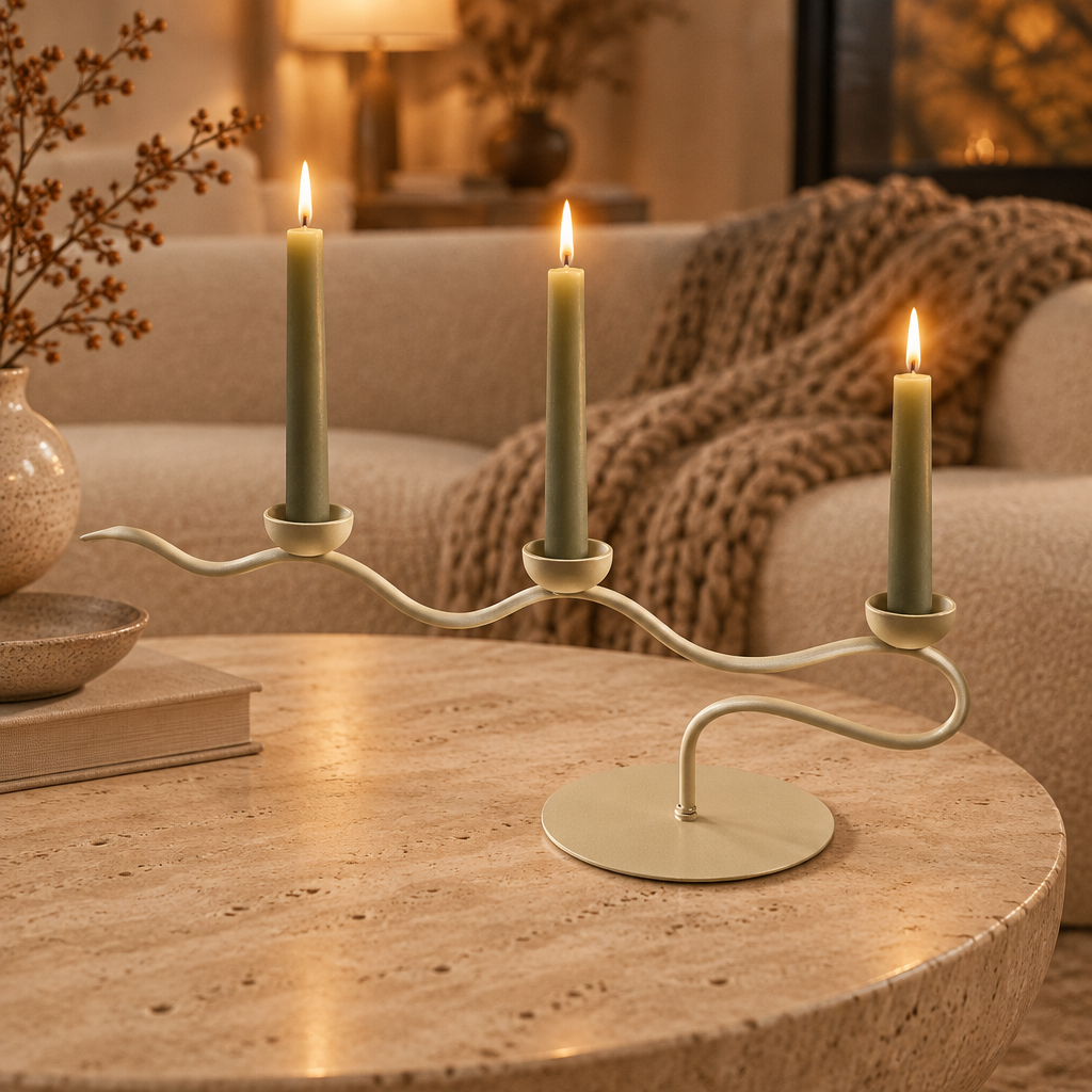 Cream Waves wavy taper candelabra with sage taper candles on a travertine coffee table