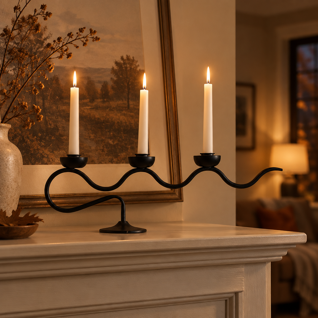 Black Swirl wavy taper candelabra on a fireplace mantel in an autumn living room