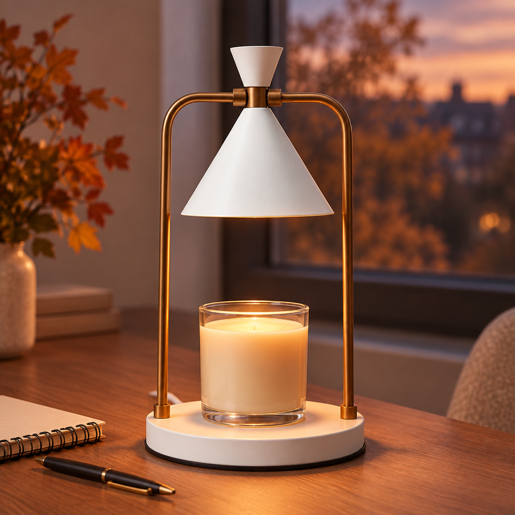 Ivory Gold candle warmer lamp on a home-office desk by a window at dusk