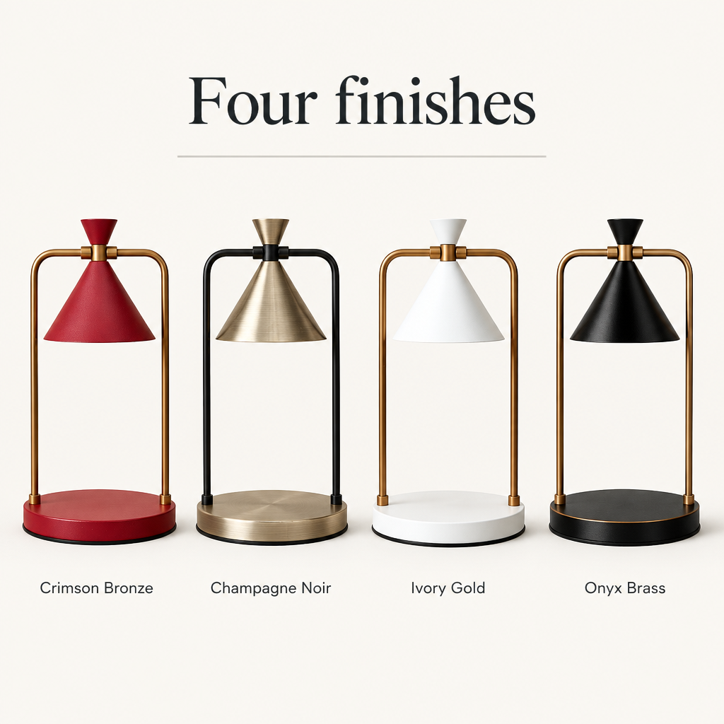 Melté candle warmer lamp in four finishes: Crimson Bronze, Champagne Noir, Ivory Gold, Onyx Brass