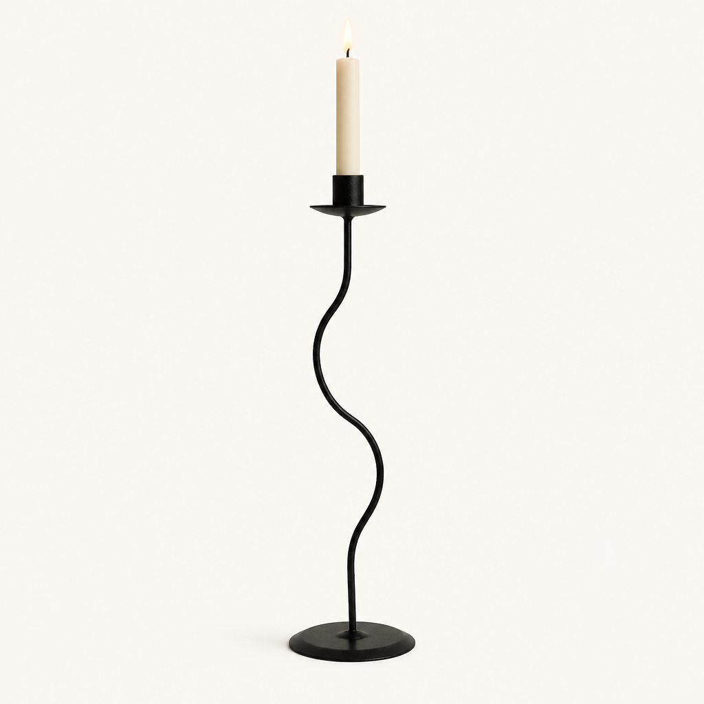 Large 13.6 inch matte black wavy iron taper candle holder with a lit candle