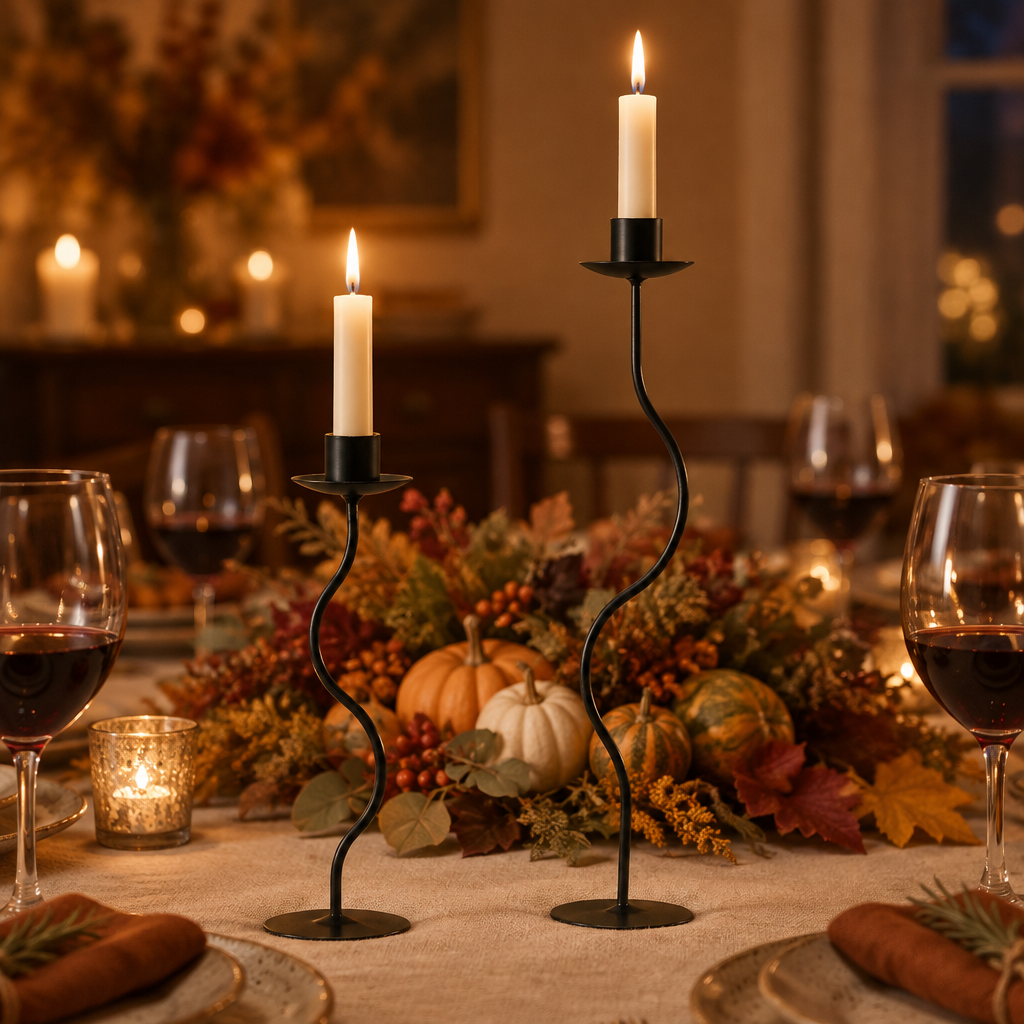Wavy black iron candlesticks as a Thanksgiving dinner table centerpiece with autumn leaves and pumpkins