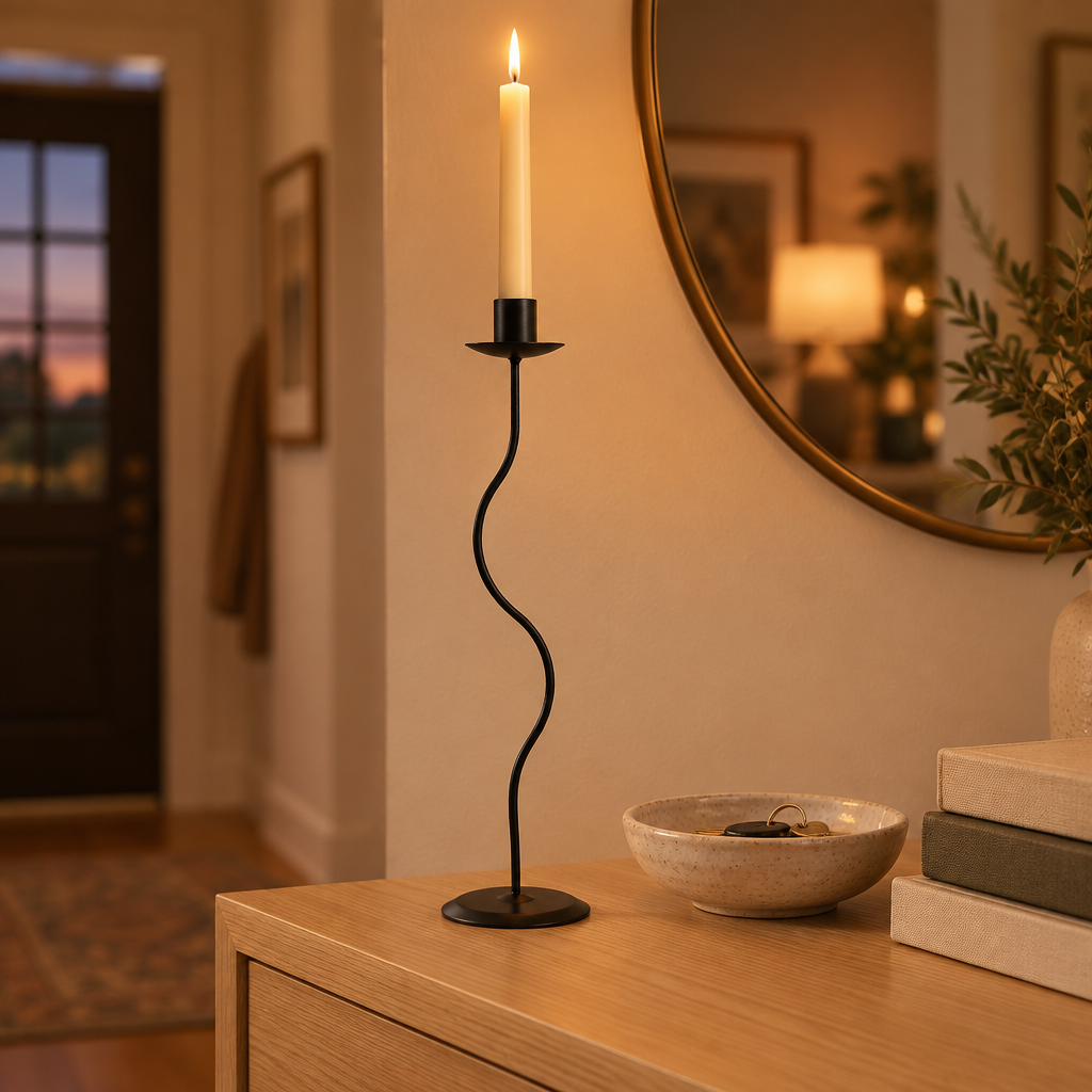 Large wavy iron candle holder on an oak entryway console table at dusk