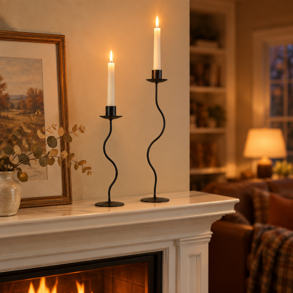 Pair of wavy black taper candle holders lit on a white fireplace mantel on an autumn evening