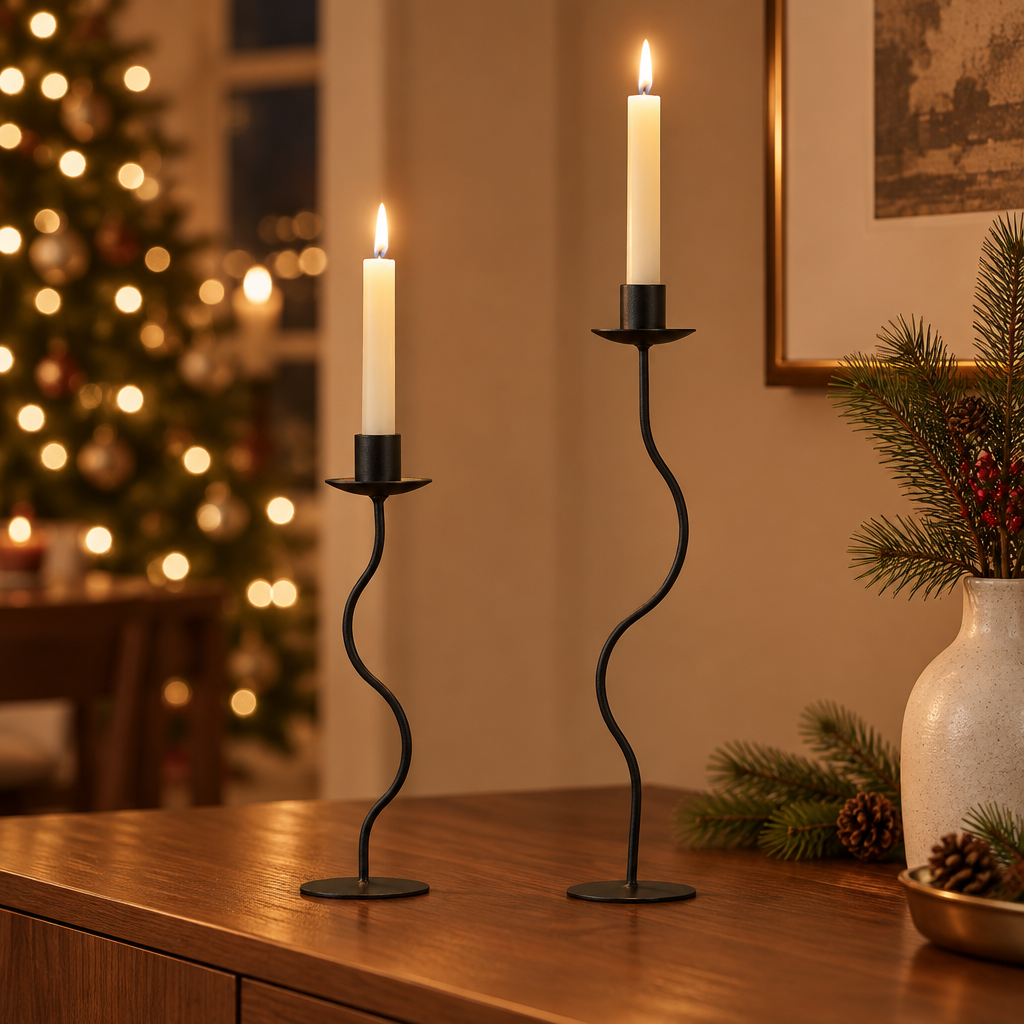 Wavy black candlesticks on a walnut dining sideboard with pine sprigs and holiday lights