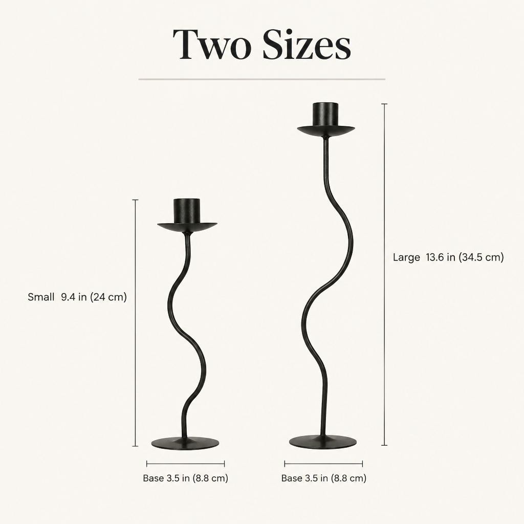Wavy iron candle holder sizes: Small 9.4 in (24 cm), Large 13.6 in (34.5 cm), base 3.5 in (8.8 cm)