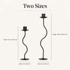 Wavy iron candle holder sizes: Small 9.4 in (24 cm), Large 13.6 in (34.5 cm), base 3.5 in (8.8 cm)