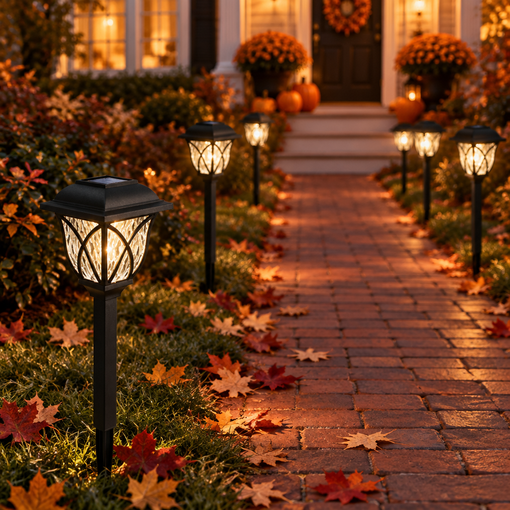 Solar lanterns lining a brick front walkway to an autumn porch at dusk