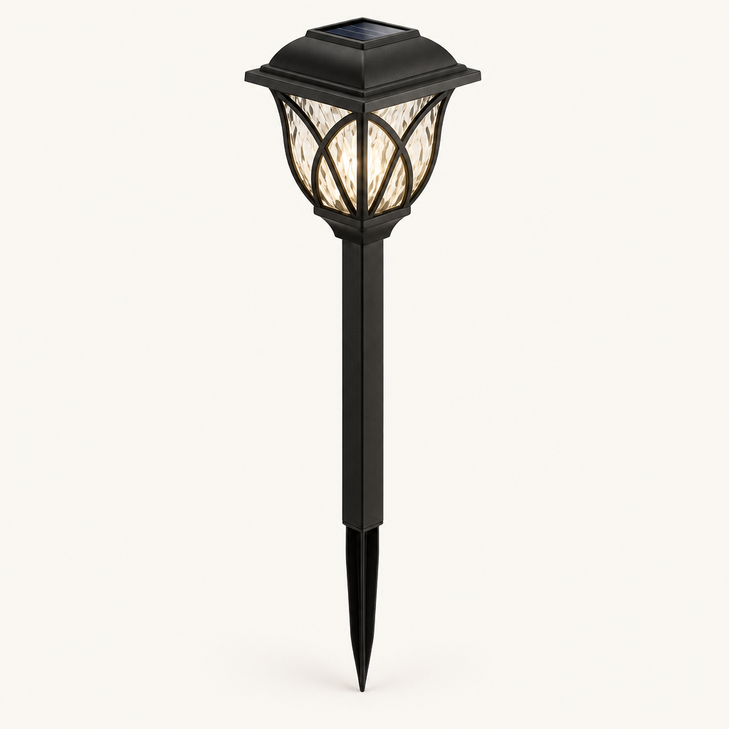 Solar garden stake lantern in black with rippled glass-look panels, glowing warm white