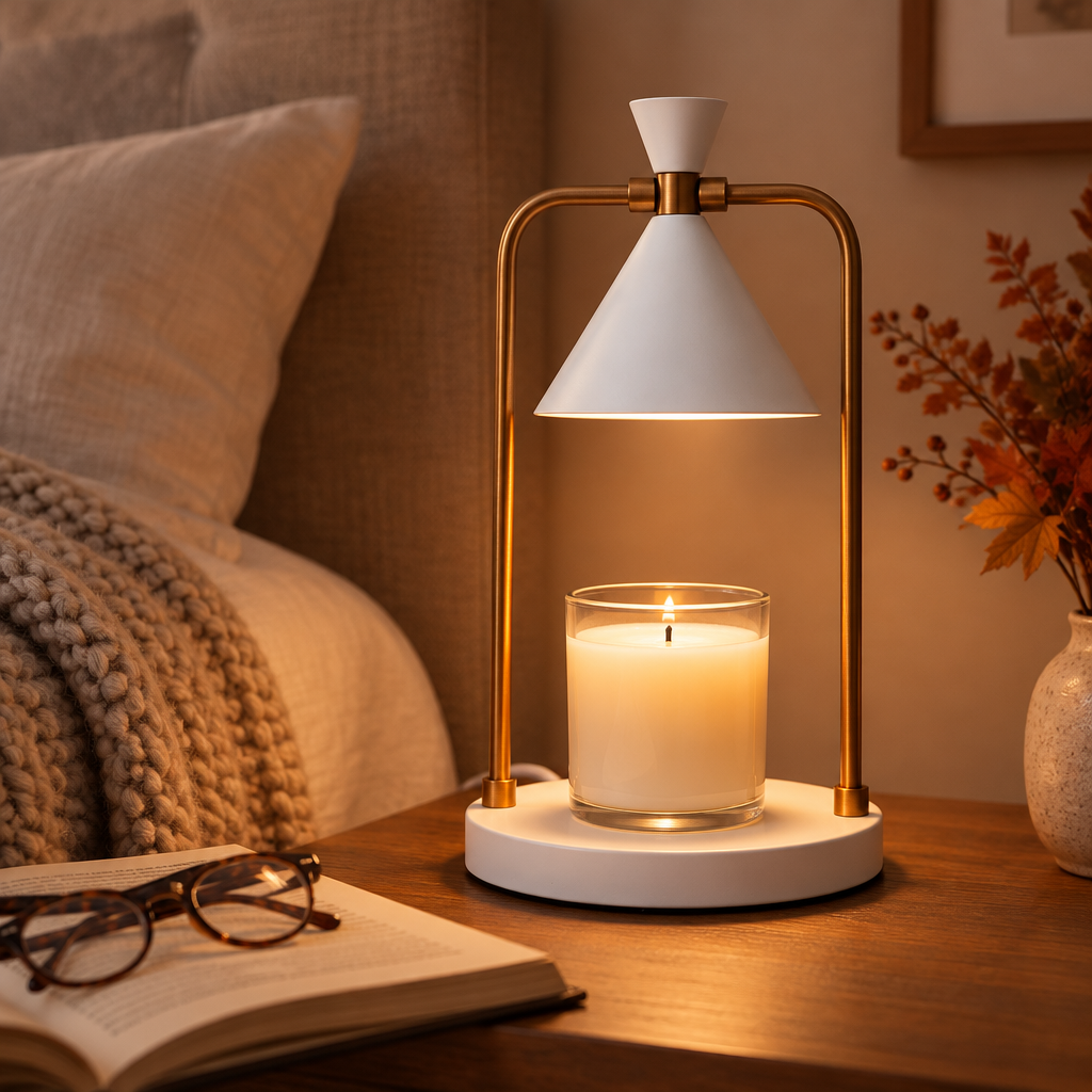 Ivory Gold candle warmer lamp on a bedside table with a knit throw and open book