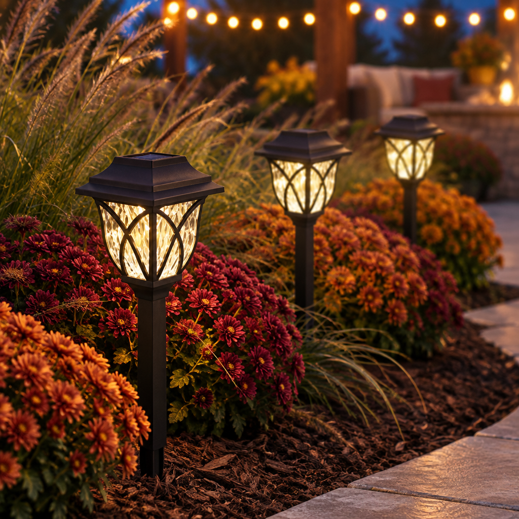 Warm white solar lanterns in a fall mum flower bed beside a patio