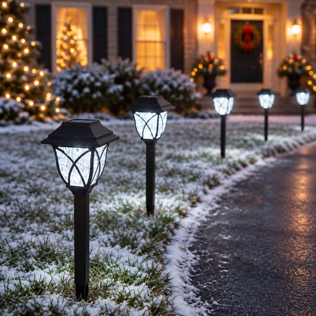 Cool white solar lanterns along a snowy driveway on a holiday evening