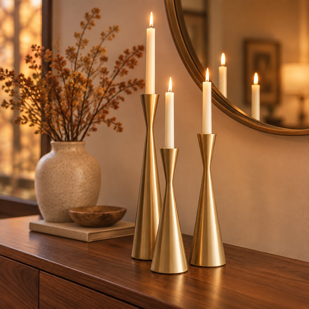 Gold waist candlesticks on a walnut entryway console under a round mirror