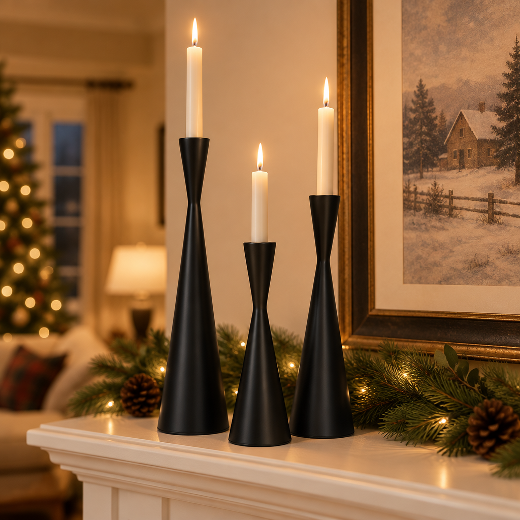 Black waist candlesticks with lit tapers on a holiday fireplace mantel with pine garland