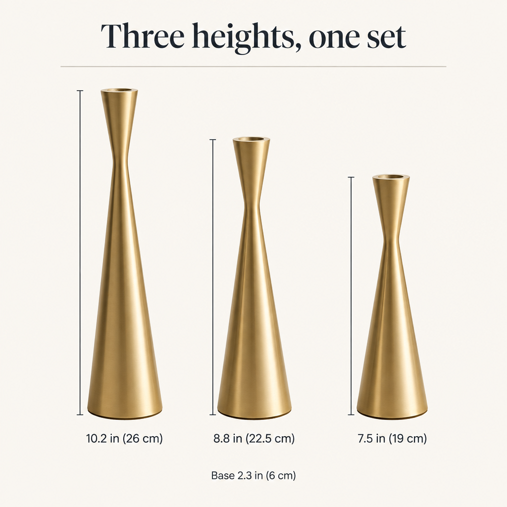 Dimensions: candlesticks 10.2 in, 8.8 in and 7.5 in tall, base 2.3 in