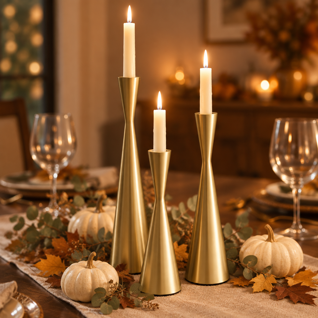 Gold waist candlesticks as a Thanksgiving table centrepiece with white pumpkins