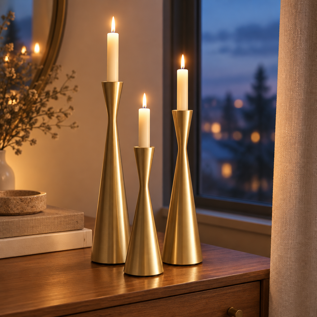 Gold waist candlesticks with lit tapers on a bedroom dresser by a window at dusk