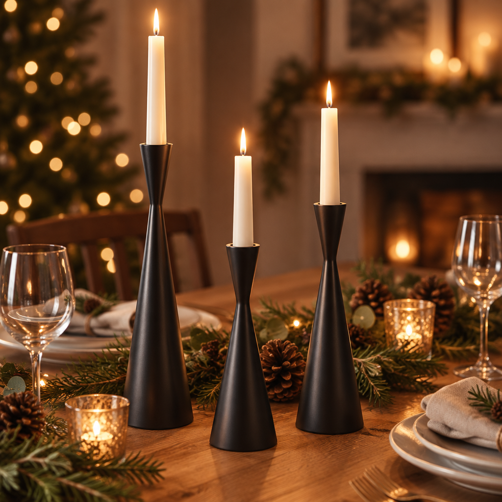Black waist candlesticks on a winter holiday dinner table with pine cones and greenery