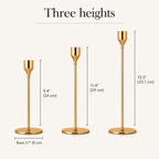 Candlestick heights: 9.4 in (24 cm), 11.4 in (29 cm) and 13.3 in (33.7 cm), base 3.1 in (8 cm)