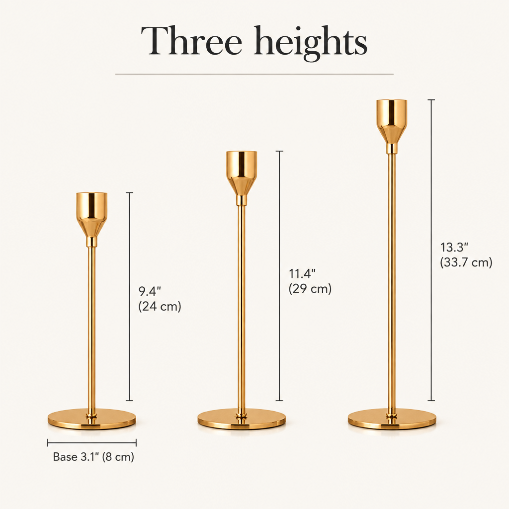 Candlestick heights: 9.4 in (24 cm), 11.4 in (29 cm) and 13.3 in (33.7 cm), base 3.1 in (8 cm)
