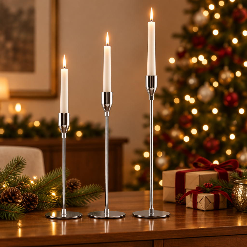 Silver taper candlestick trio lit on a holiday sideboard beside a Christmas tree