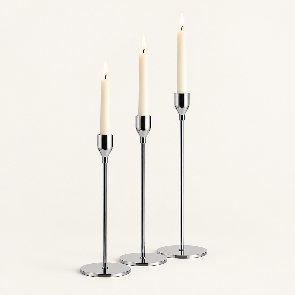 Set of 3 silver taper candlesticks in graduated heights with lit ivory candles