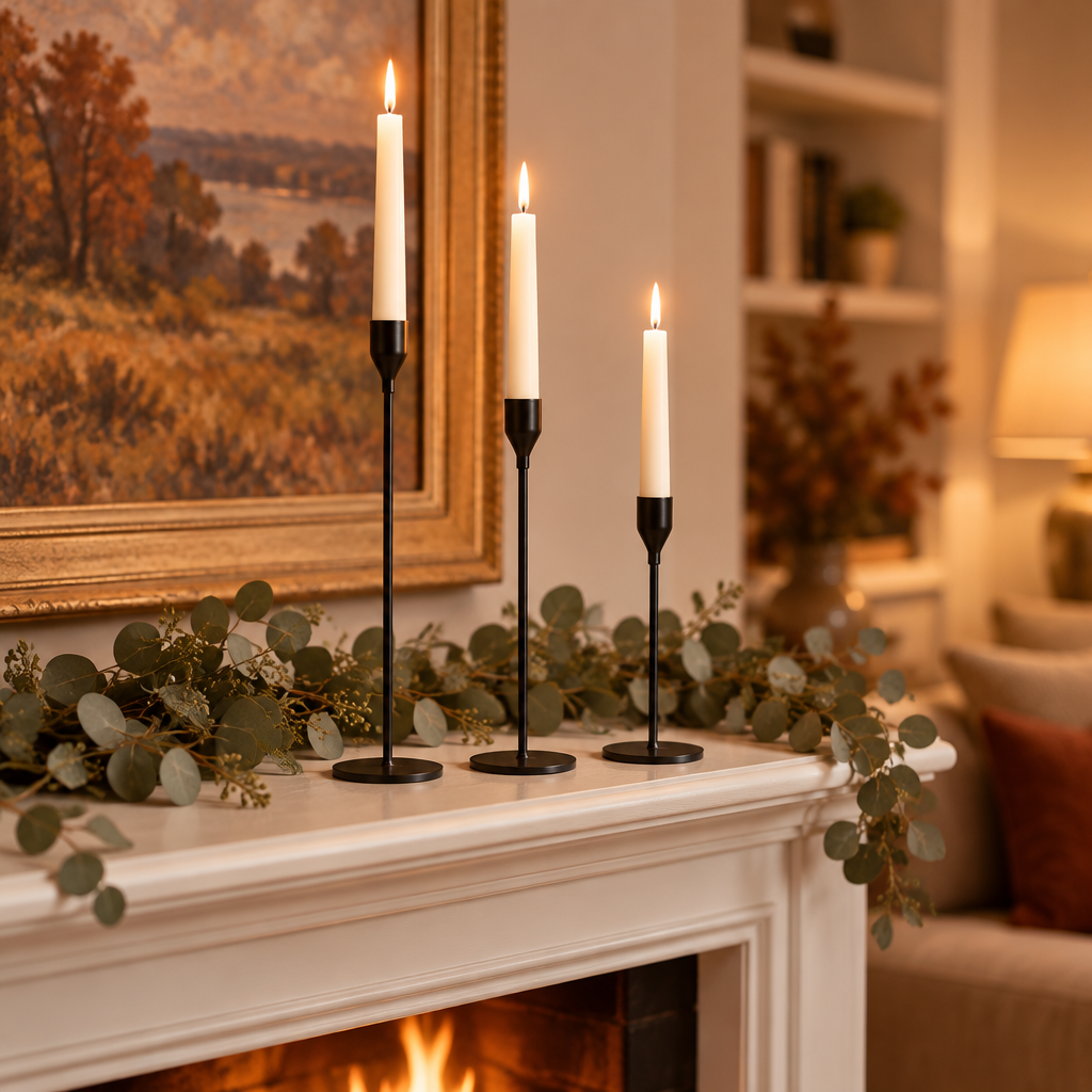 Black taper candlestick set lit on a fireplace mantel with eucalyptus garland