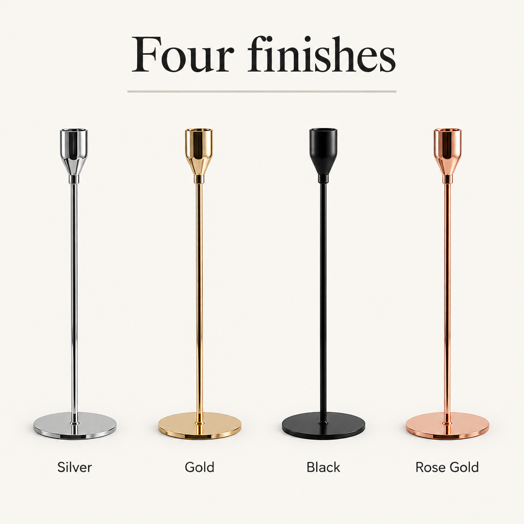 Taper candlestick finishes: silver, gold, black and rose gold