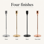 Taper candlestick finishes: silver, gold, black and rose gold