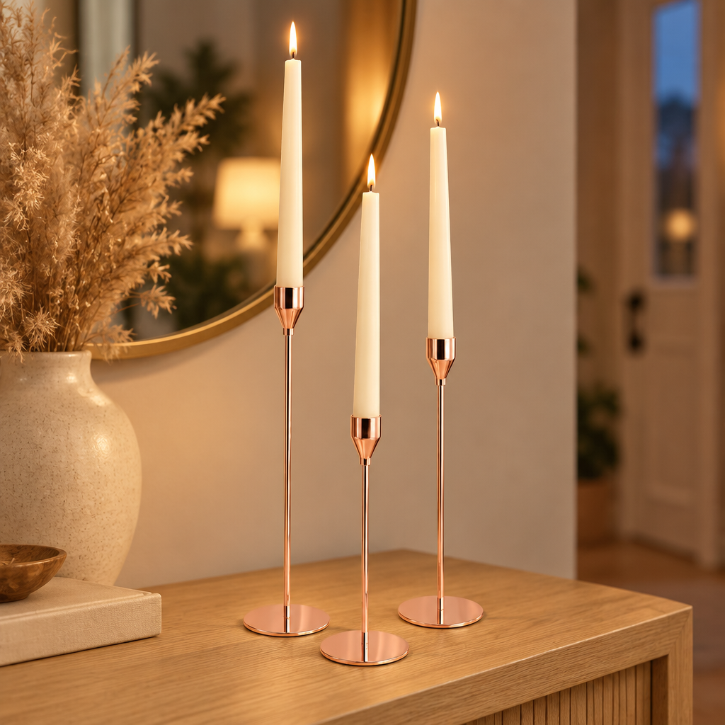 Rose gold taper candlesticks lit on an oak entryway console with dried pampas at dusk