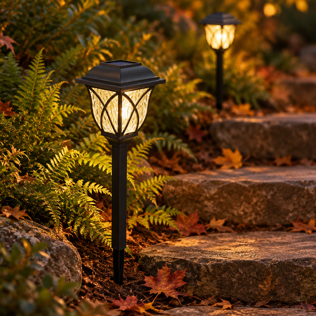 Solar lantern glowing beside stone garden steps with ferns and autumn leaves