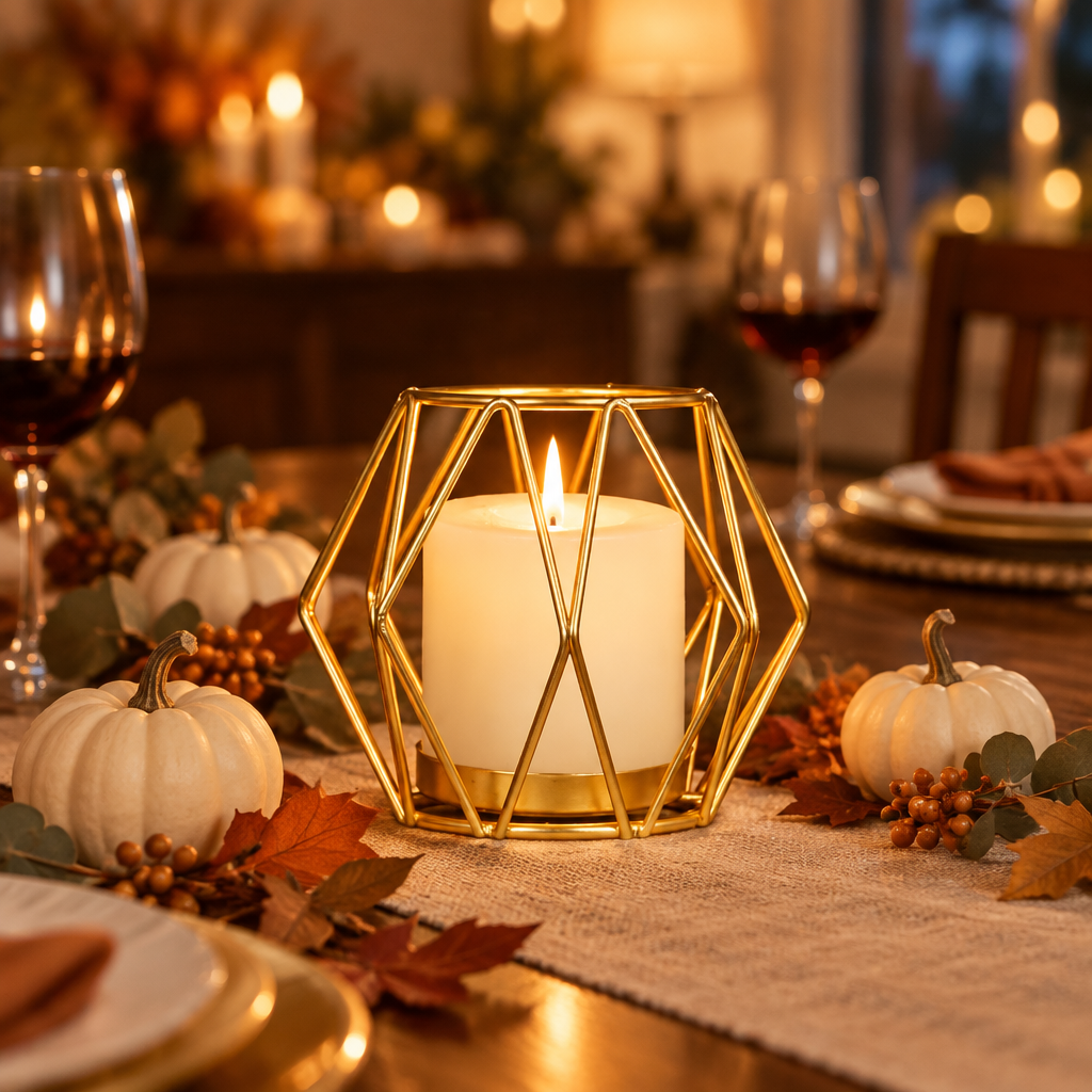 Geometric Gold wireframe candle holder as a Thanksgiving table centrepiece