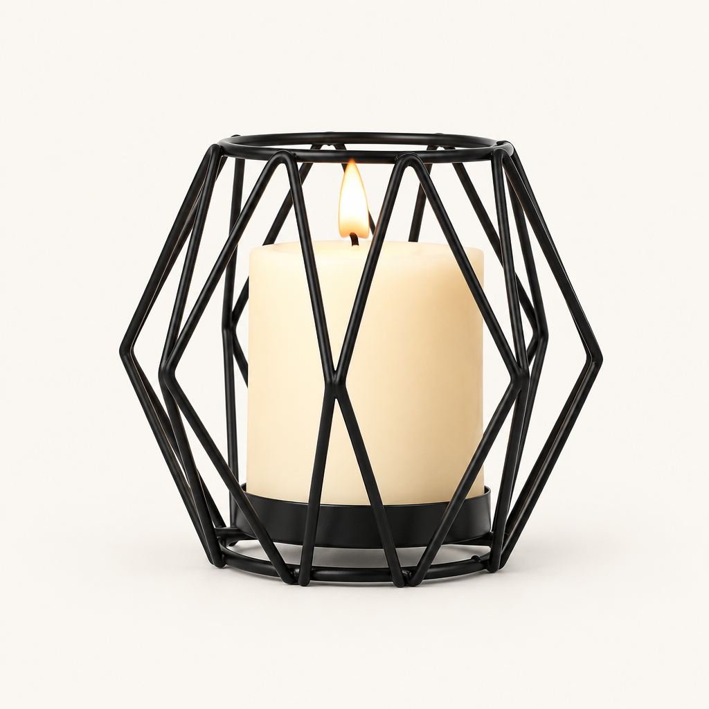 Geometric Black wireframe candle holder with a lit pillar candle on a warm off-white background