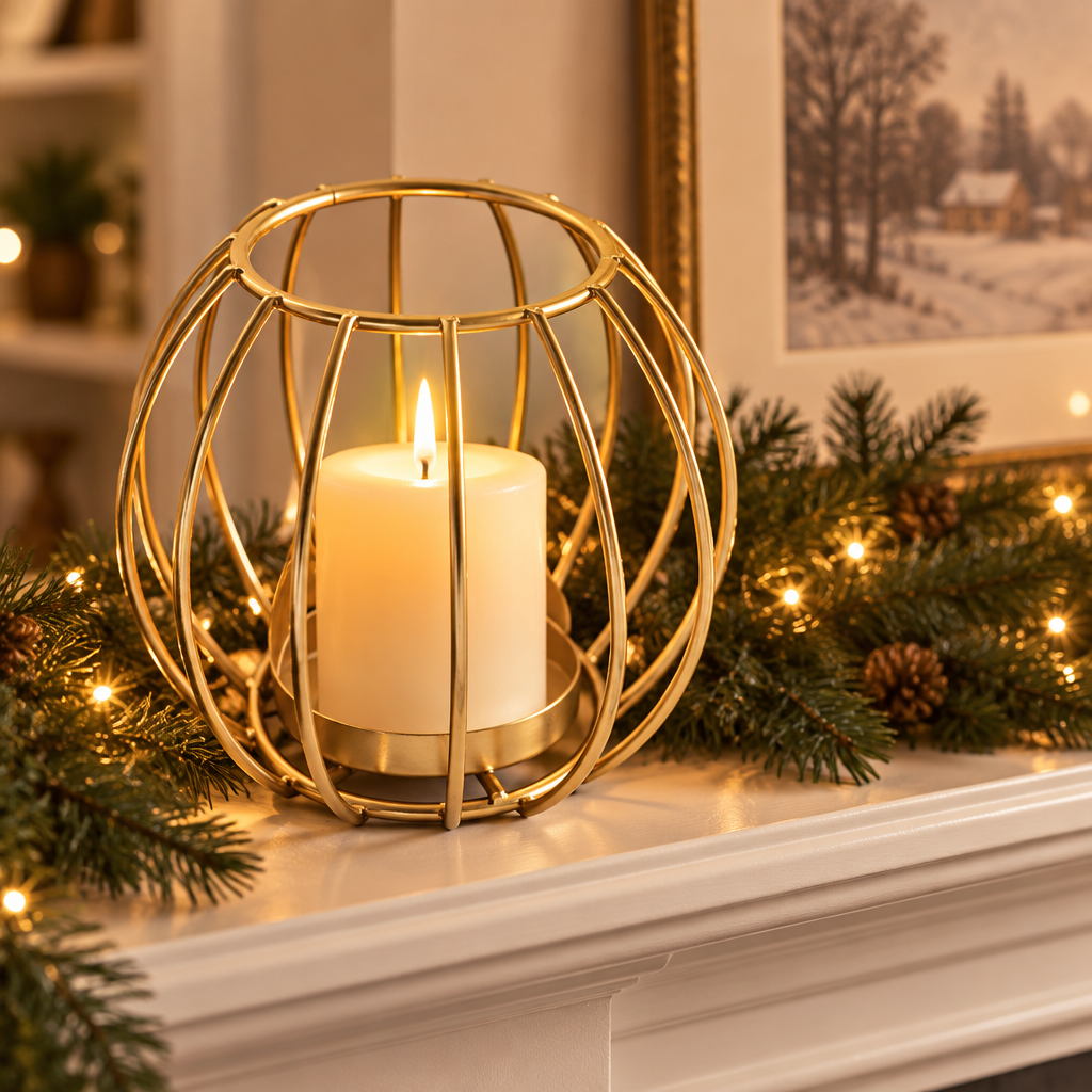 Sculptural Gold wire candle holder on a holiday fireplace mantel with garland