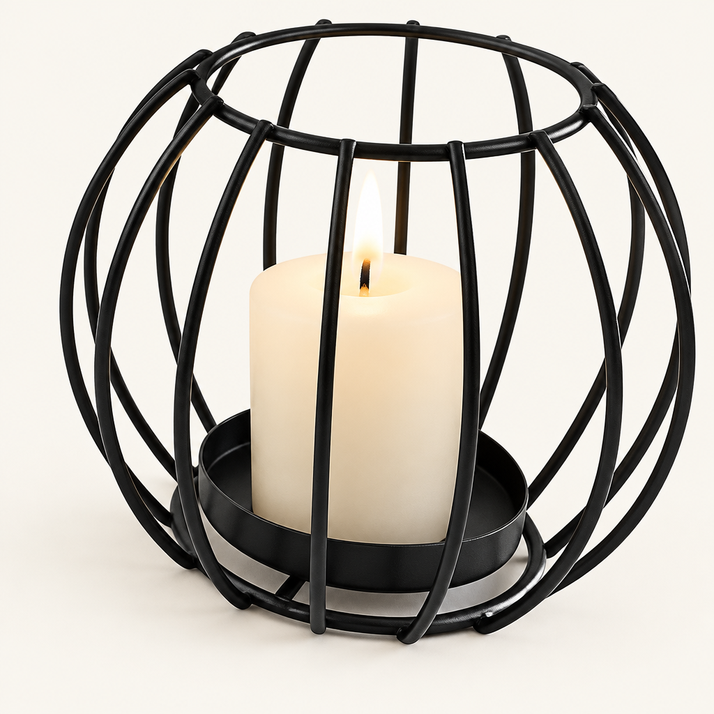 Sculptural Black rounded wire candle holder with a lit pillar candle on a warm off-white background