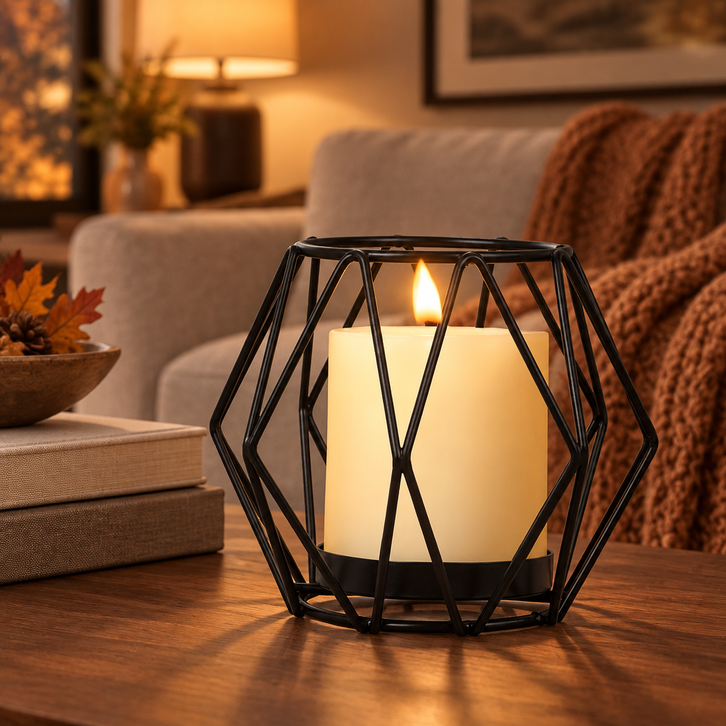 Geometric Black wireframe candle holder on a walnut coffee table in a cosy living room