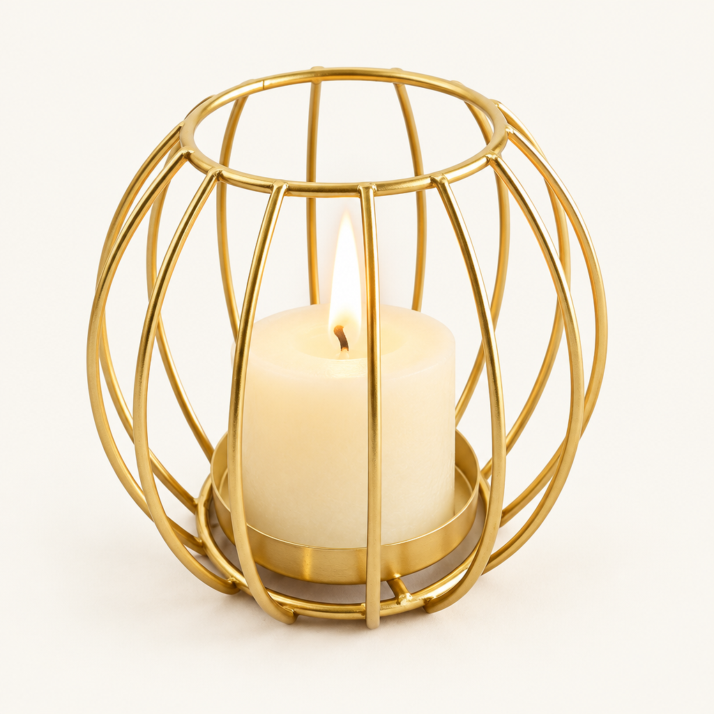 Sculptural Gold rounded wire candle holder with a lit pillar candle on a warm off-white background