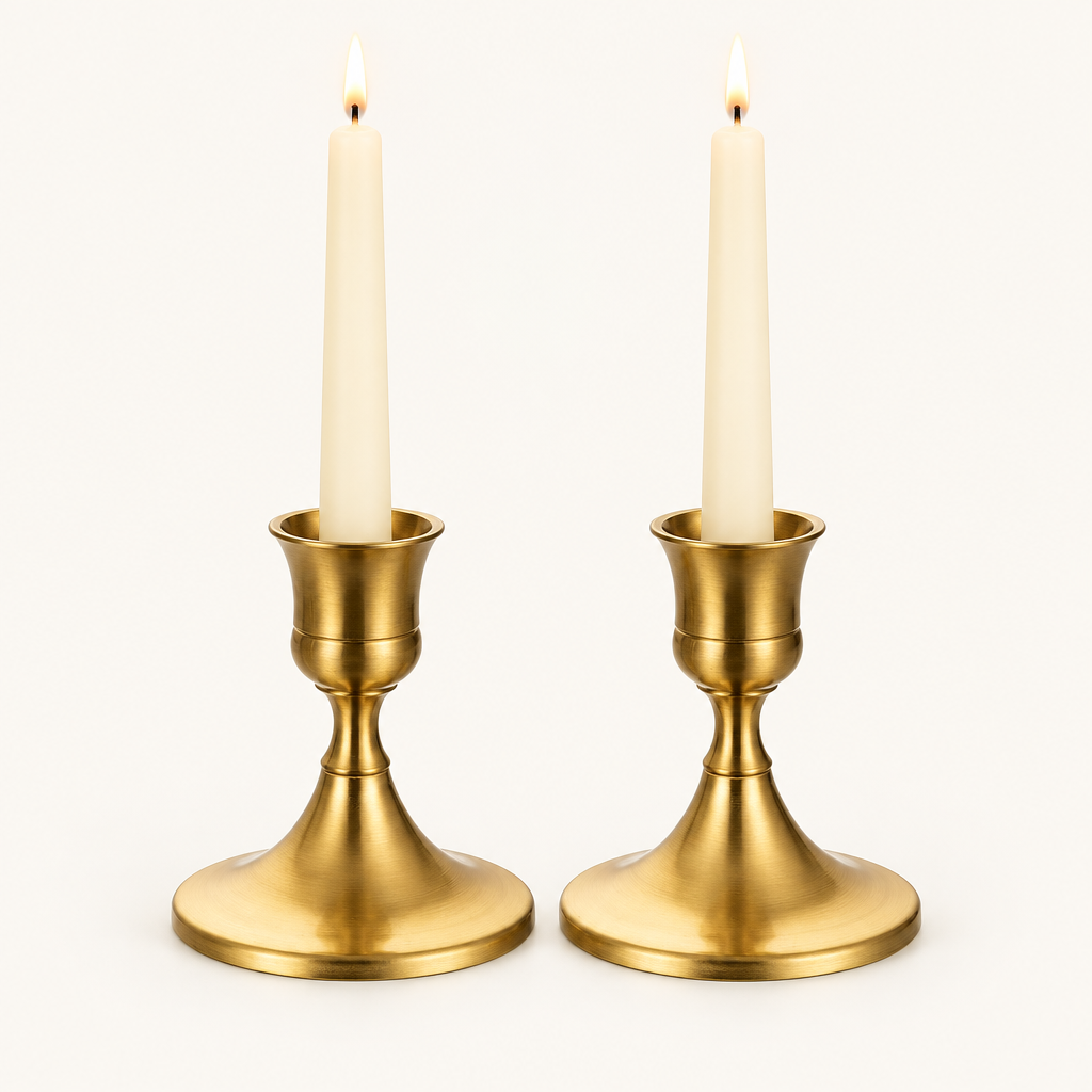 Shimmering Vintage Candle Holder set of 2 in Antique Gold with lit ivory taper candles
